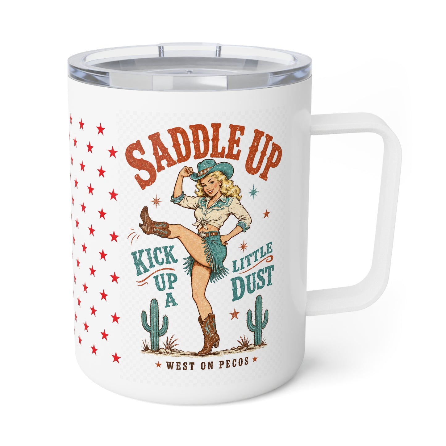 Western Coffee Mug – “Saddle Up” 10oz Insulated Travel Mug with Retro Cowboy Design