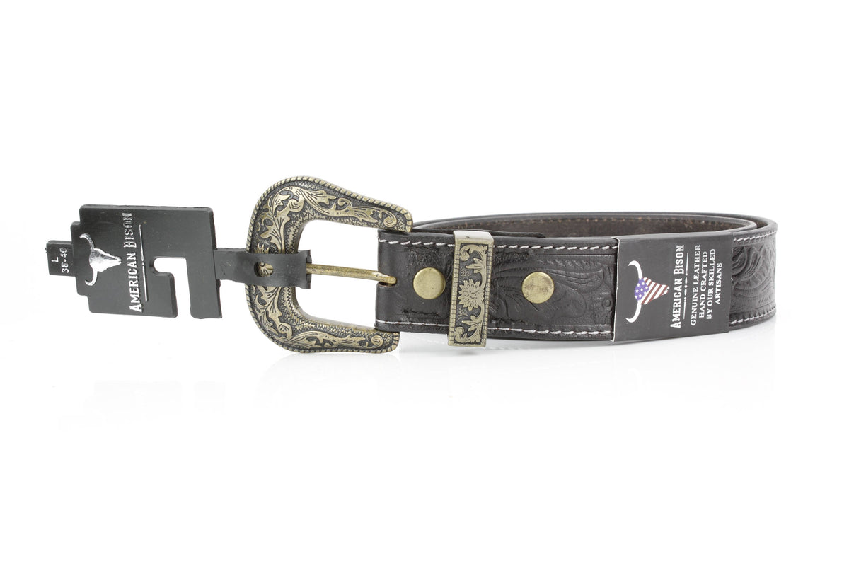 Black Tooled Leather Belt with Floral Filigree ABB 14-2630