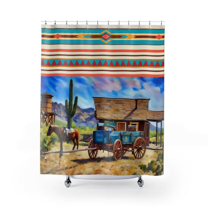 Southwestern Western Shower Curtain — Desert Wagon & Aztec Stripe Bathroom Decor