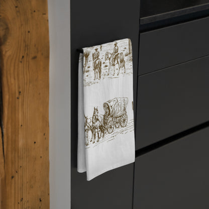 Rustic Western Tea Towel - Vintage Cowboy & Wagon Design
