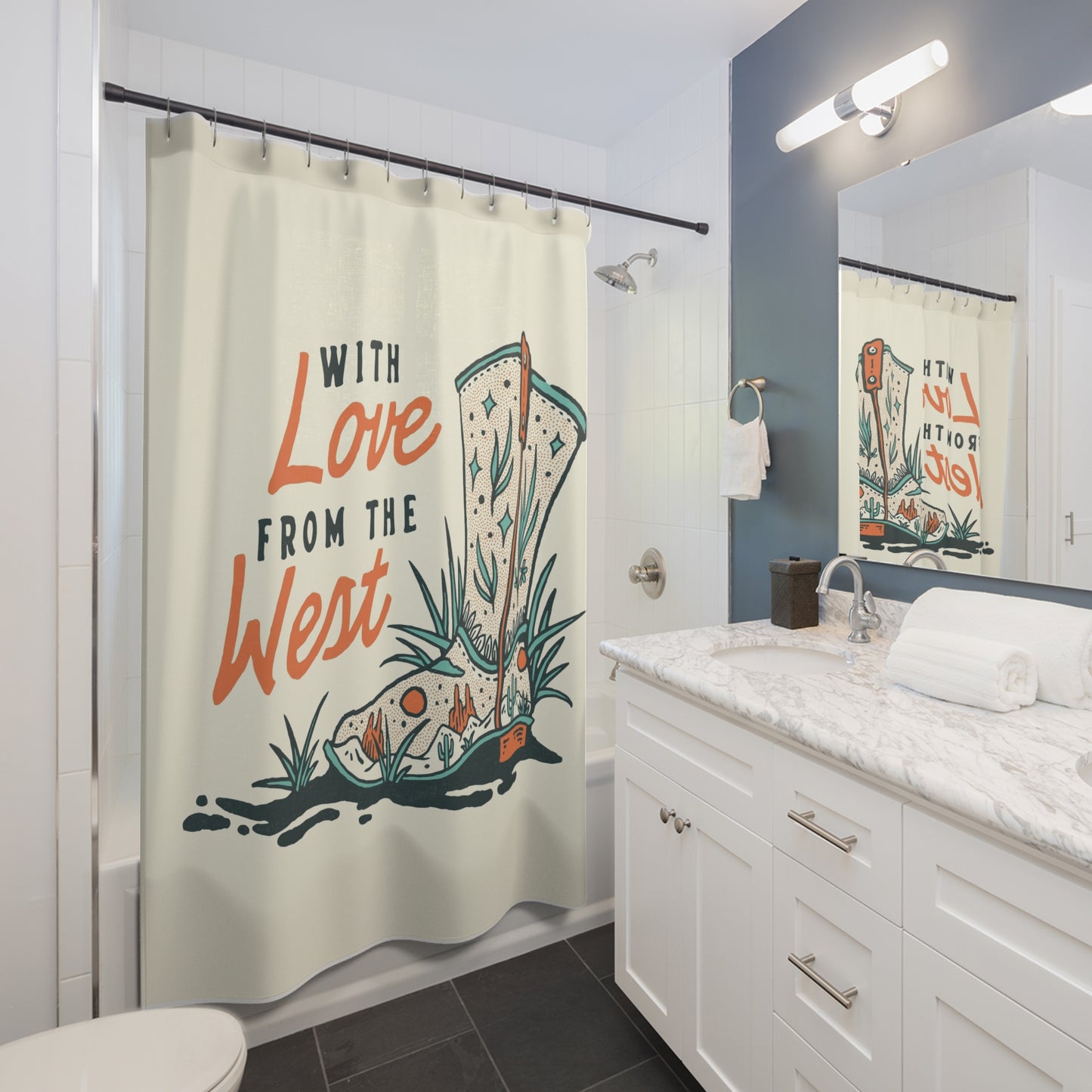 Western Boot Shower Curtain — "With Love From The West" Rustic Cowboy Bathroom Decor