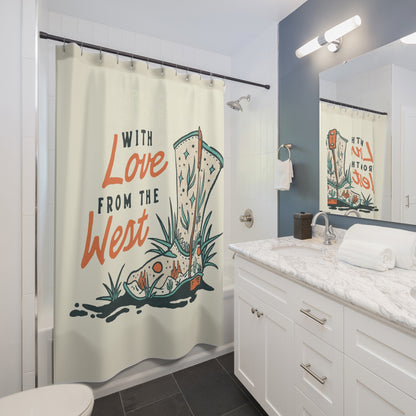 Western Boot Shower Curtain — "With Love From The West" Rustic Cowboy Bathroom Decor