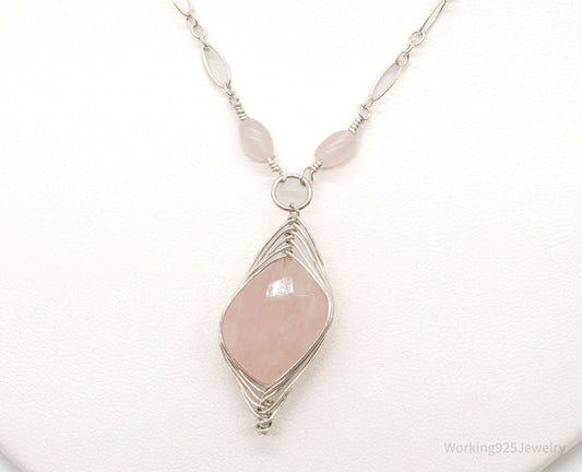 Vintage Large Rose Quartz Filigree Silver Necklace