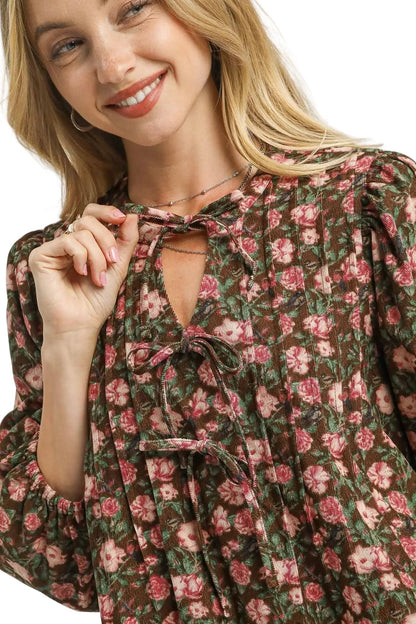 Womens Casual Swing Dress Vintage Floral Print Babydoll Style Puff Sleeve Mini Brown Pink Garden Party Dress