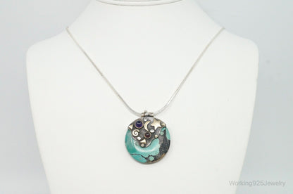 Vintage Brass Amethyst Rhodolite Garnet Turquoise Sterling Silver Necklace