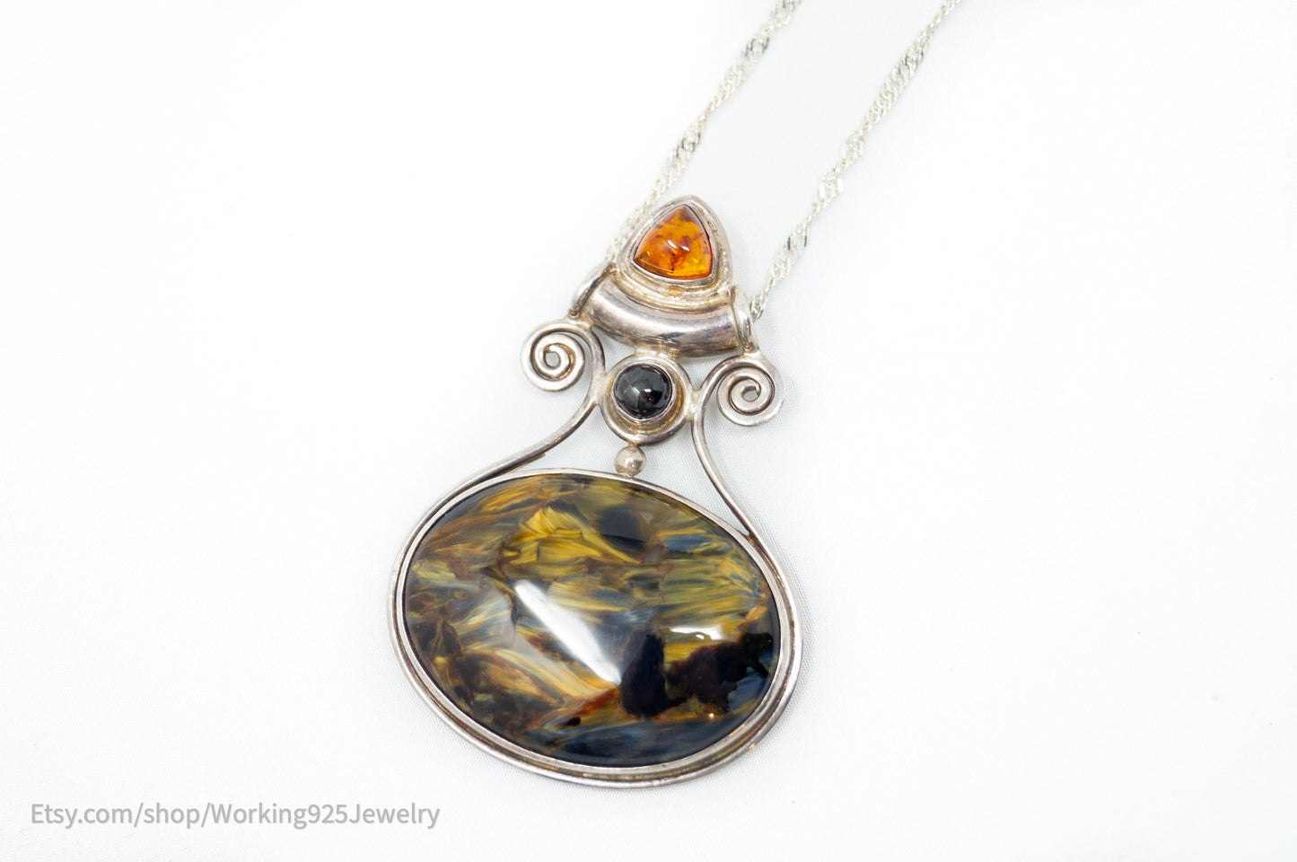 Vintage Designer SAJEN Large Blue Tigers Eye Amber Sterling Necklace