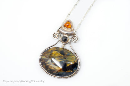 Vintage Designer SAJEN Large Blue Tigers Eye Amber Sterling Necklace