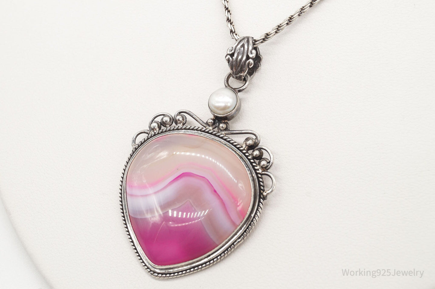Vintage Large Pink Lace Agate & Pearl Sterling Silver Necklace