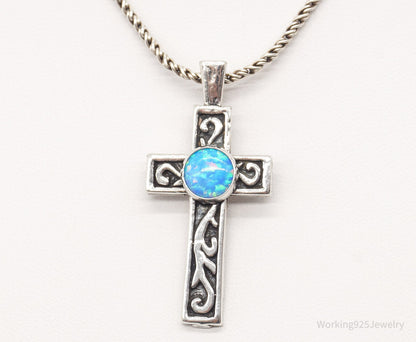 Vintage Blue Opal Sterling Silver Cross Necklace