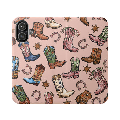 Western Boots Flip Wallet Phone Cases Pink