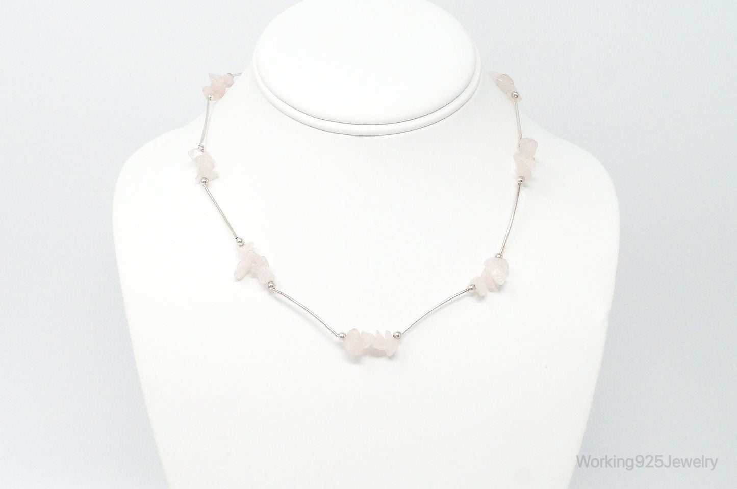 Vintage Rose Quartz Bead Sterling Silver Necklace