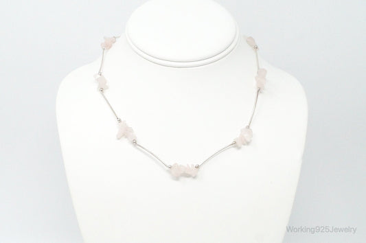 Vintage Rose Quartz Bead Sterling Silver Necklace