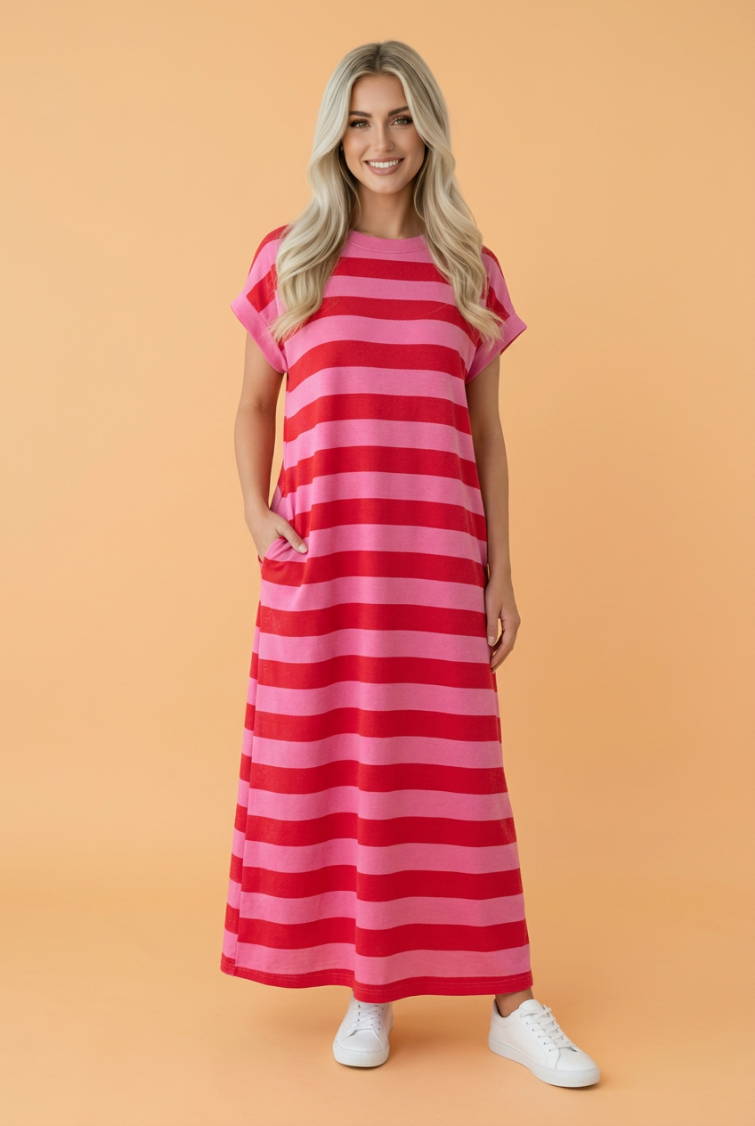 Stripe Cuffed T-Shirt Long Dress w/ Pockets: Rose Stripe