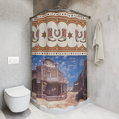 Western Saloon Shower Curtain – Cowboy Boots, Horseshoe & Old Town Bathroom Decor