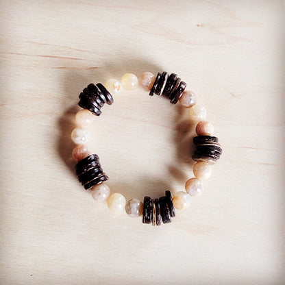 Natural Agate and Wood Beaded Stretch Bracelet 811n