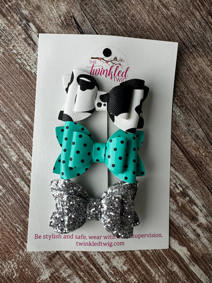 Handmade Hair Bow Set -  Turquoise & Cow Clips