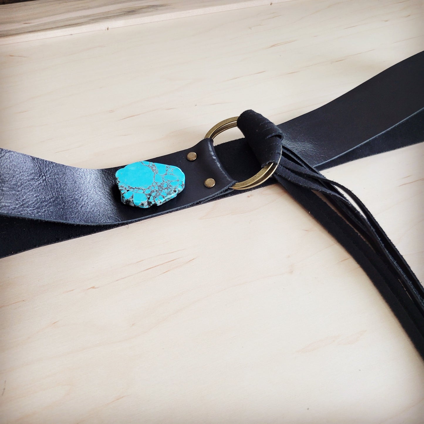 Black Leather Belt with Leather Fringe Closure and Turq Slab 908w
