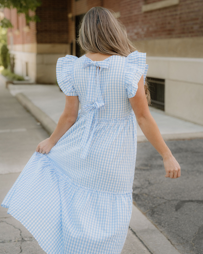 Gingham Knot Back Ruffled Maxi Dress