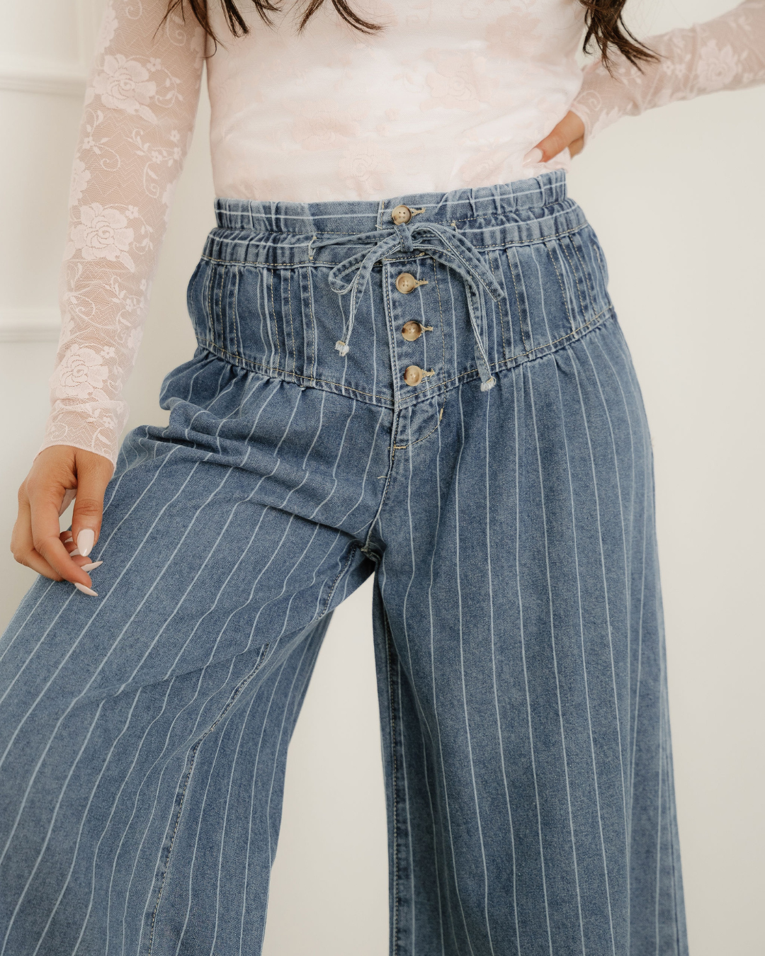 PREORDER - Cora Stripe Button Pleated Drawstring Waist Casual Wide Leg Jeans