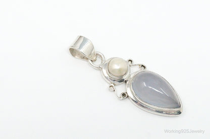 Large Designer Supreme Jewelers Blue Chalcedony Pearl Sterling Necklace Pendant