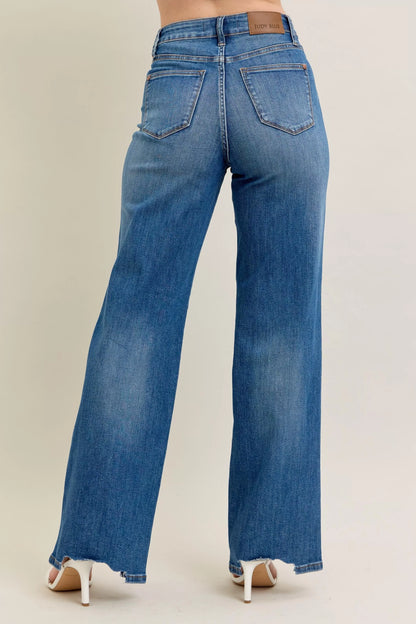 Judy Blue Full Size High Waist Tummy Control Chew Hem Destroy Wide Jeans Plus Size