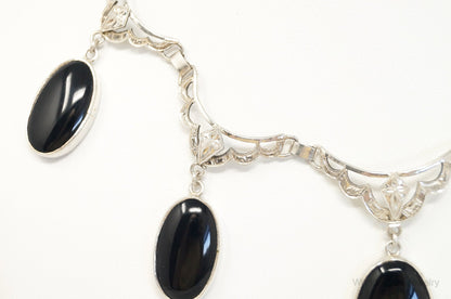 Antique Black Onyx Art Deco Silver Bib Necklace