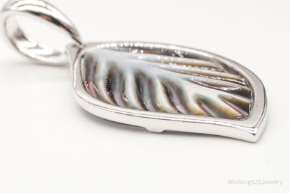 Large Vintage Carved Abalone Shell Sterling Silver Leaf Pendant