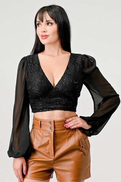 Luxe Lace Sequin Crop Top with Sheer Long Sleeves – Black or White