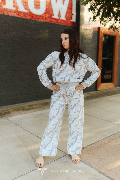 White Camo Print Cropped Sweatshirt & Pants Lounge Set
