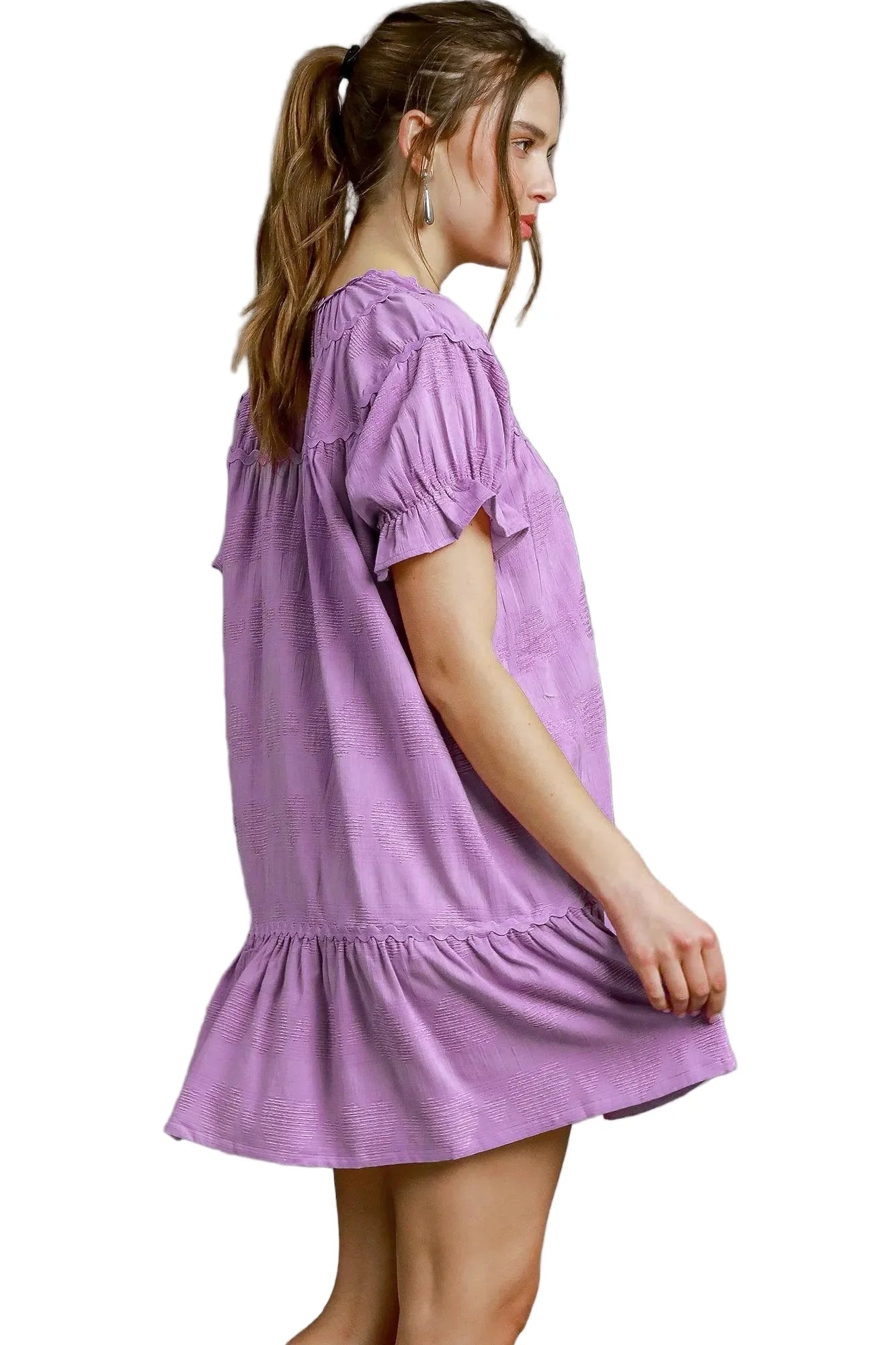 Garden Naked Womens Casual Mini Dress Sweet Ruffle Trim Puff Sleeve Babydoll Flared Lavender Purple Summer Daily Wear
