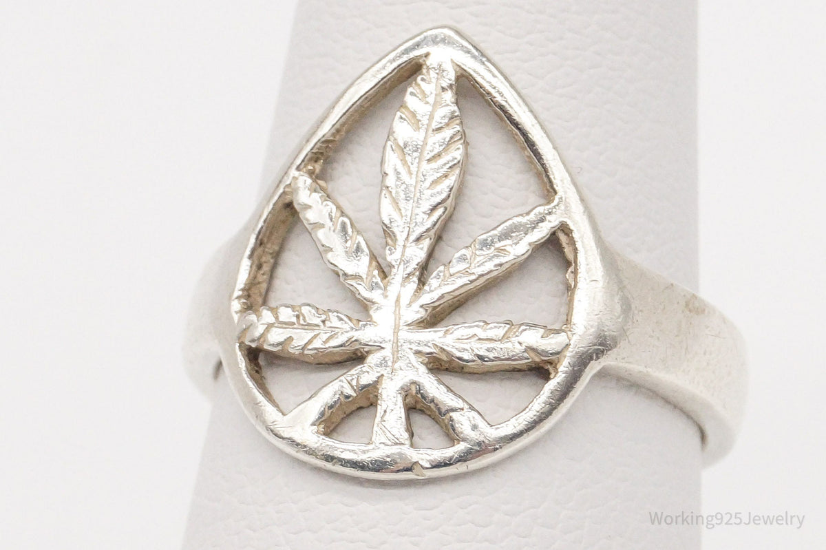 Vintage Medical Marijuana Pot Plant Weed Sterling Silver Ring - Size 5.5
