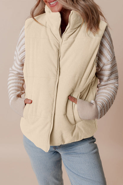 Scottie Solid Color Corduroy Puffer Vest Coat - Beige