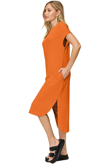 Garden Naked Women's Casual Dress Loose-Fit Round Neck Short Sleeve Slit Solid Color Midi Dress Blue Textured