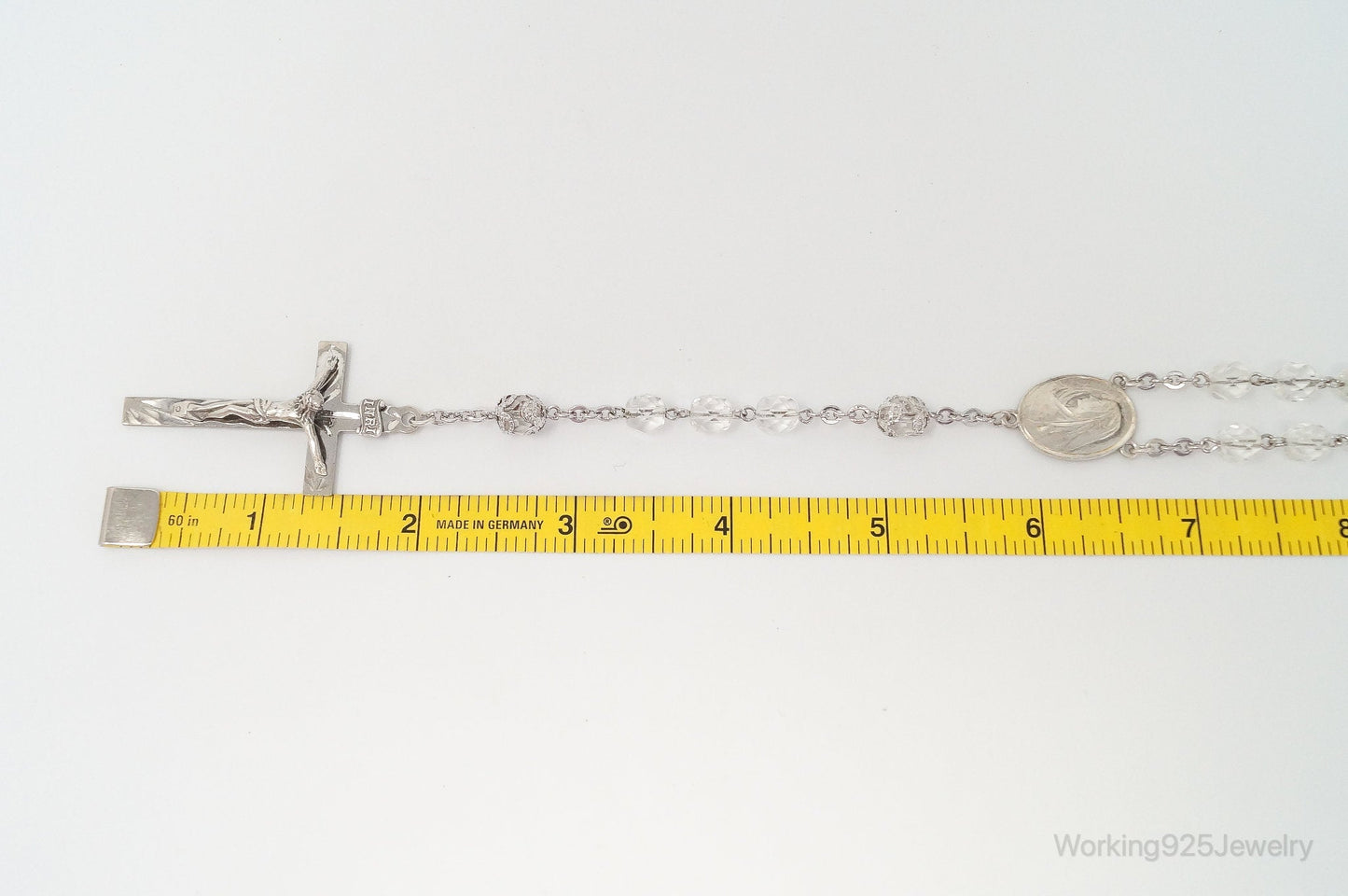 Vintage Crystal Beaded Rosary Cross Sterling Silver Necklace