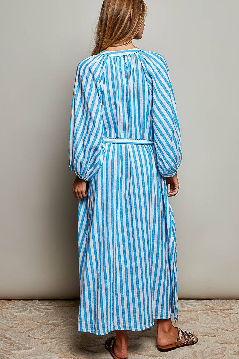 Palm Tree Embroidery Lightweight Striped Maxi Dres