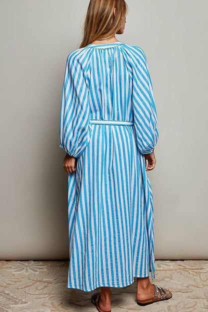 Palm Tree Embroidery Lightweight Striped Maxi Dres
