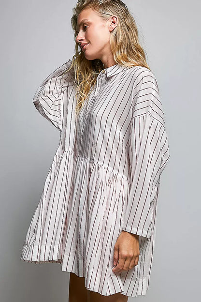 POL Striped Gathered Waist Woven Shirt Dress