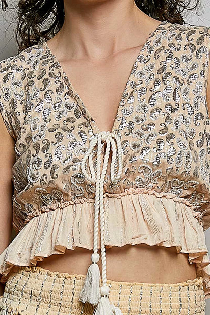 POL Shimmer Pattern Deep V Tie Front Tassel Ruffle Hem Sleeveless Crop Top
