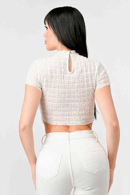 TEXTURED RUFFLED HEM KEYHOLE BACK ASYMMETRICAL CROPPED TOP