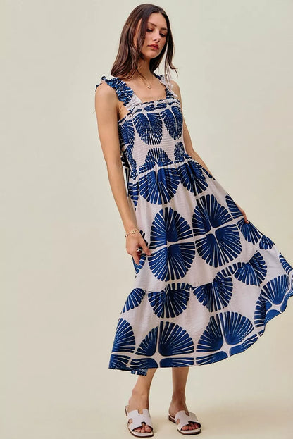 SO ME Abstract Print Smocked Bodice Tiered Lined Midi Dress