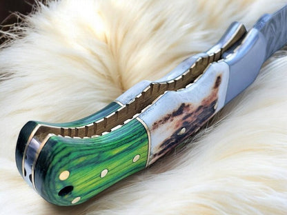 Handmade Damascus Pocket Knife | Stag & Pakka Wood Handle