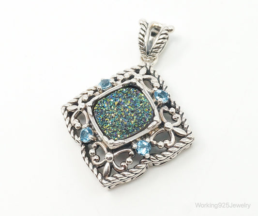 Vintage Druzy Quartz Blue Topaz Sterling Silver Necklace Pendant