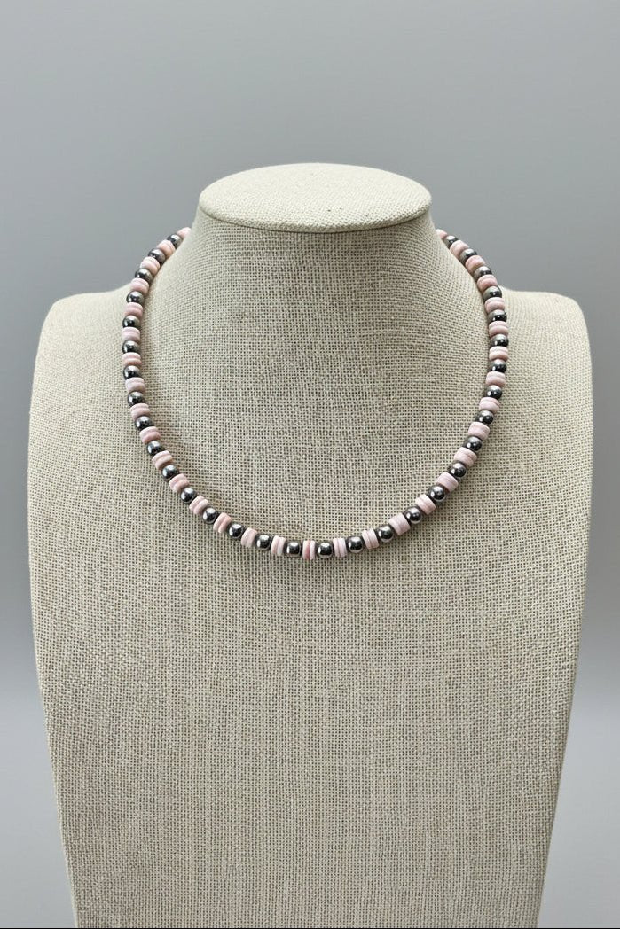 6mm Sterling Pearl & Pink Conch Rondelle Choker — 14 inch (with 2 inch extender, Made in USA)