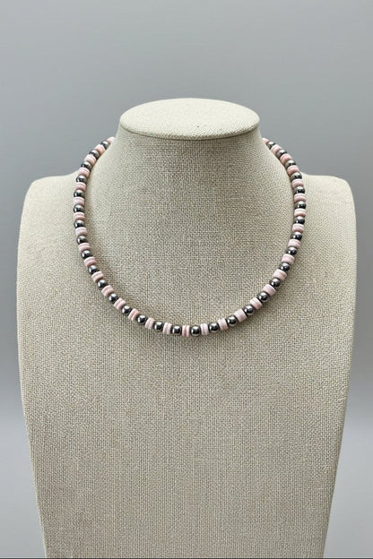 6mm Sterling Pearl & Pink Conch Rondelle Choker — 14 inch (with 2 inch extender, Made in USA)