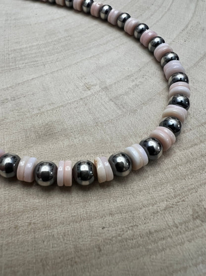 6mm Sterling Pearl & Pink Conch Rondelle Choker — 14 inch (with 2 inch extender, Made in USA)