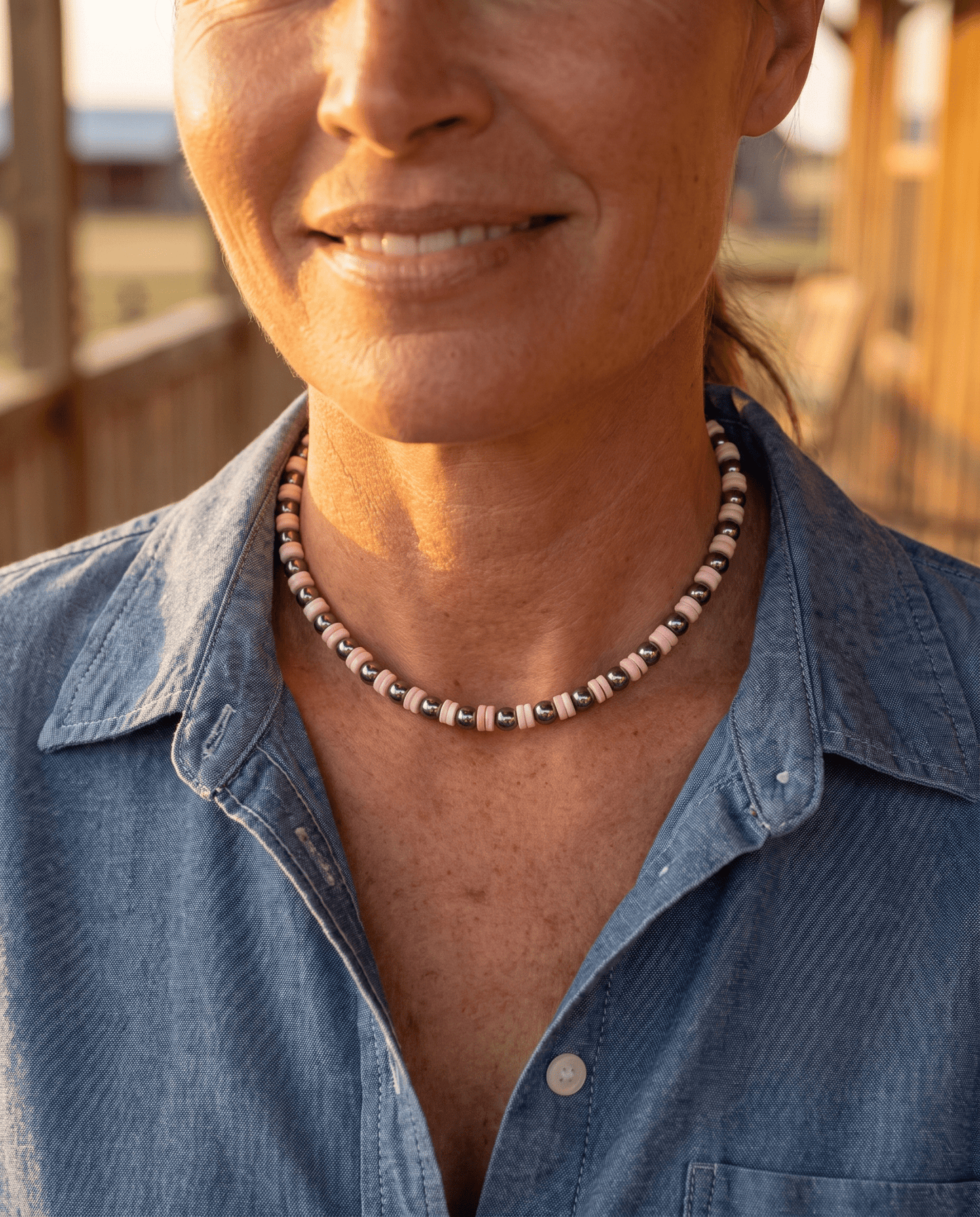 6mm Sterling Pearl & Pink Conch Rondelle Choker — 14 inch (with 2 inch extender, Made in USA)