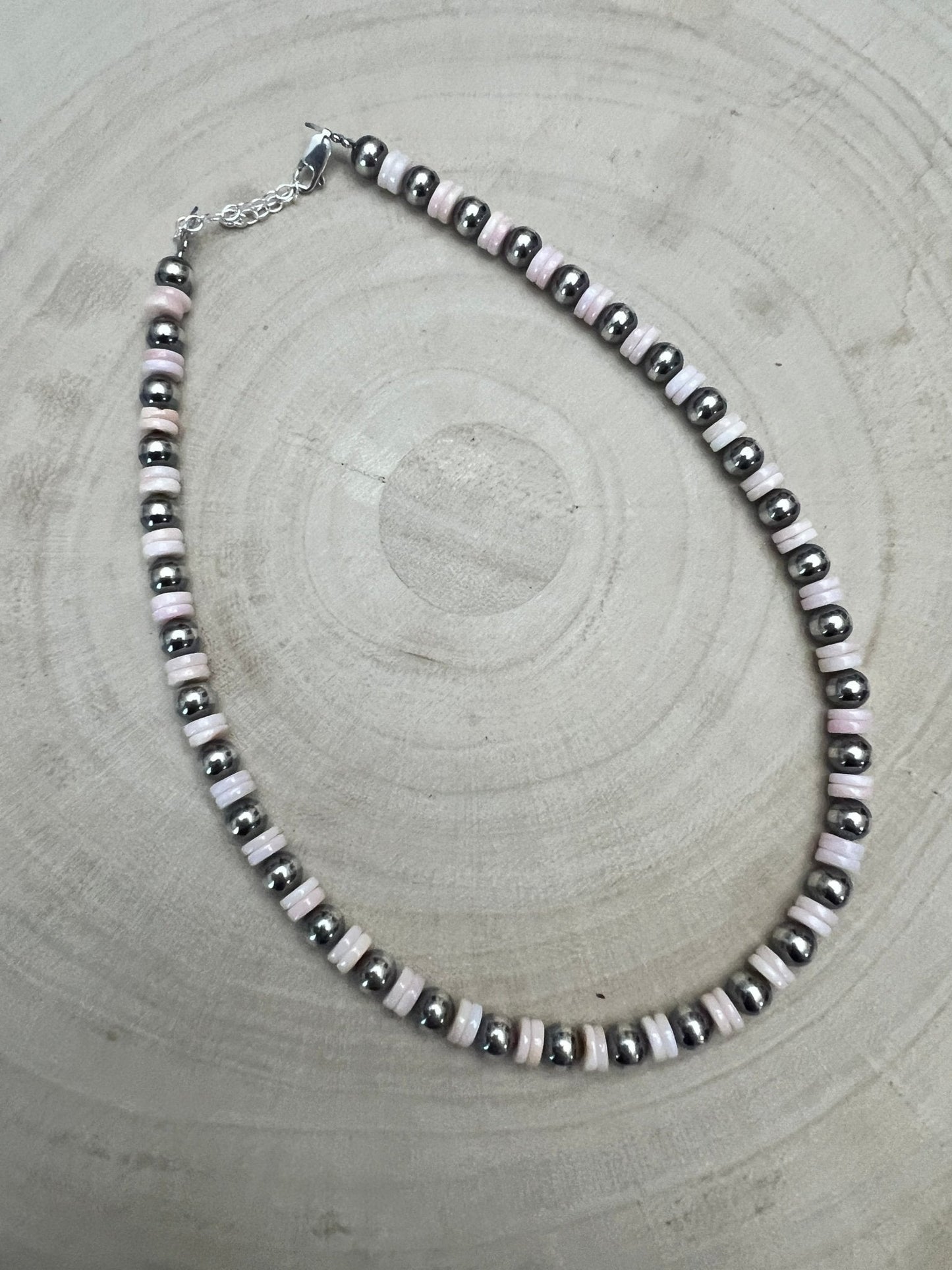 6mm Sterling Pearl & Pink Conch Rondelle Choker — 14 inch (with 2 inch extender, Made in USA)