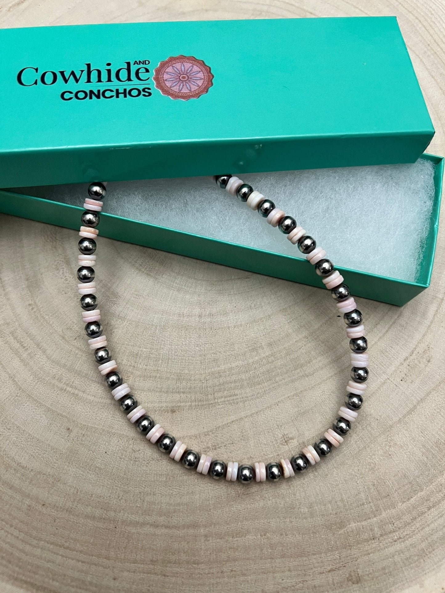 6mm Sterling Pearl & Pink Conch Rondelle Choker — 14 inch (with 2 inch extender, Made in USA)