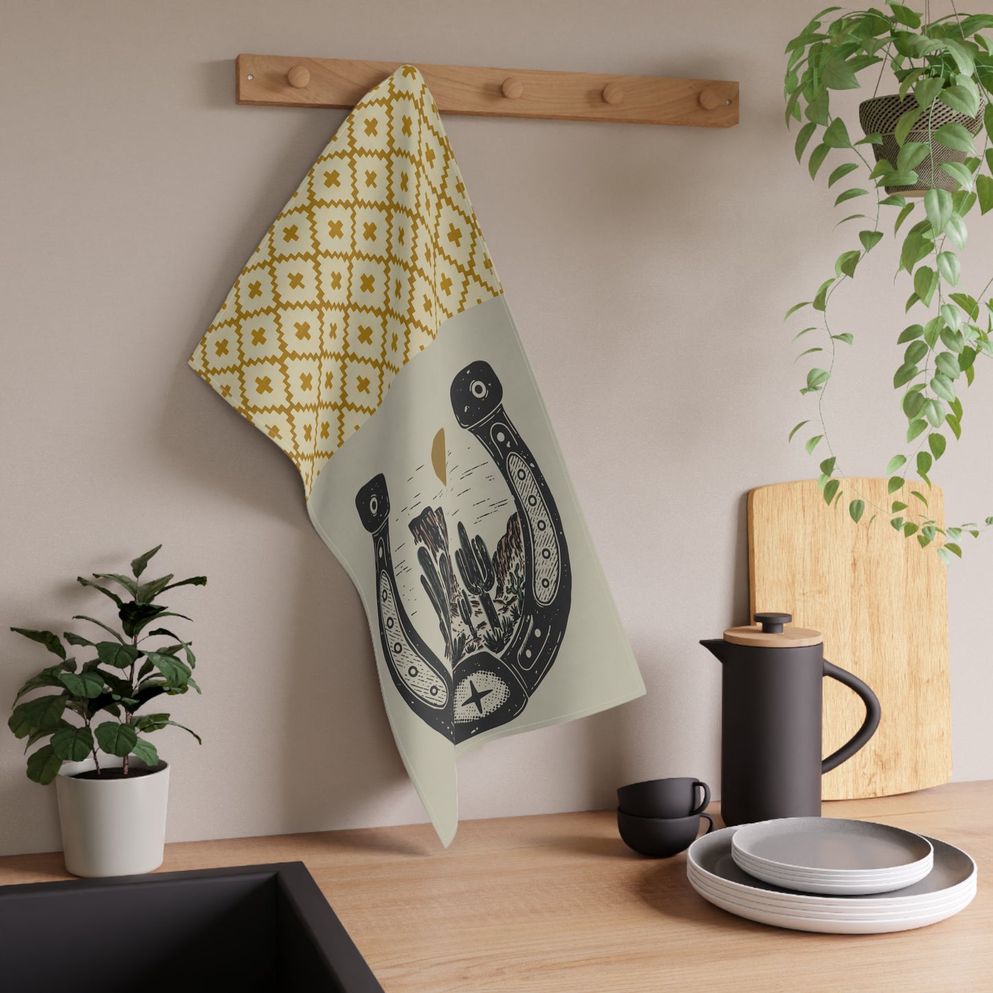 Western Horseshoe Tea Towel — Desert Cactus Sun Cotton Kitchen Towel