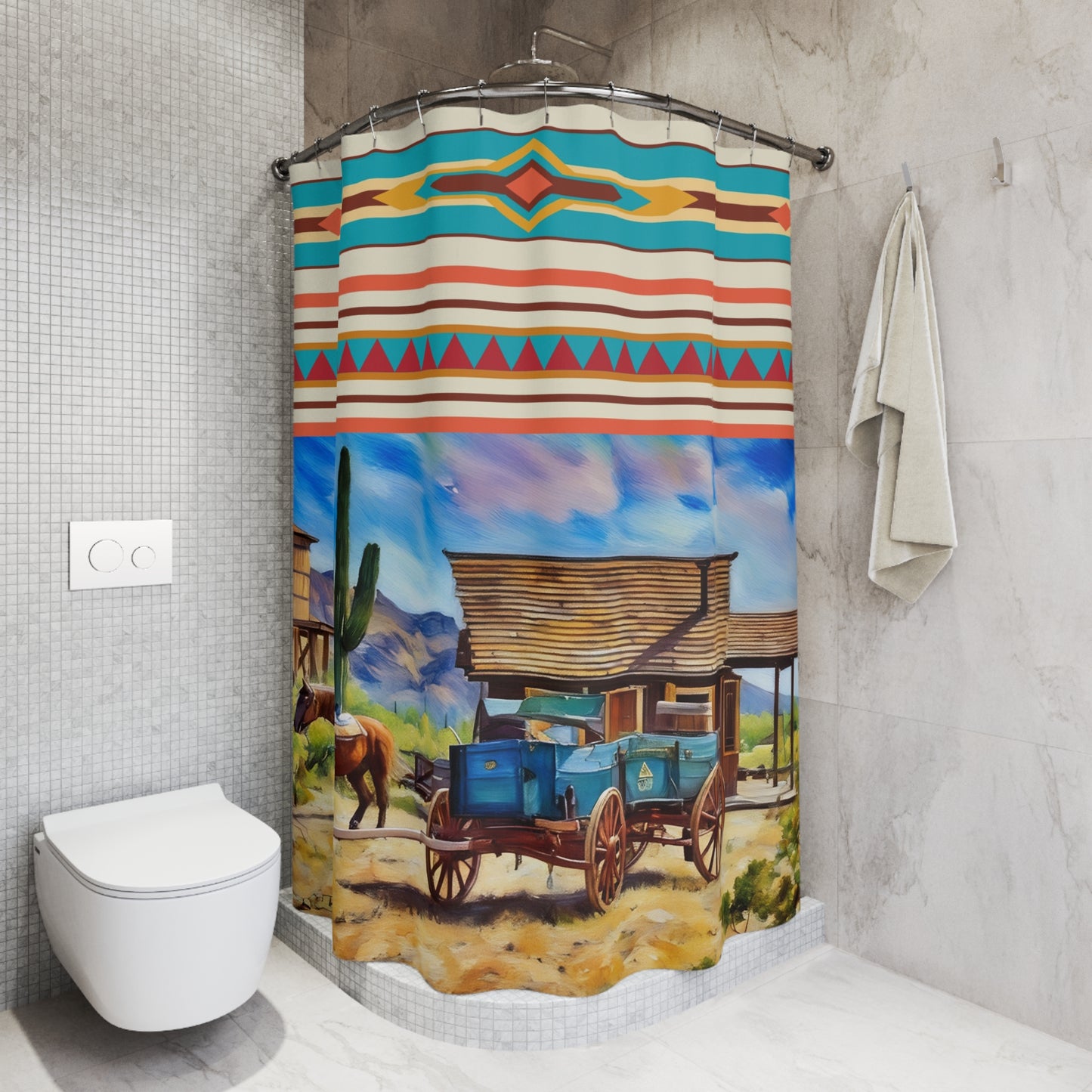 Southwestern Western Shower Curtain — Desert Wagon & Aztec Stripe Bathroom Decor